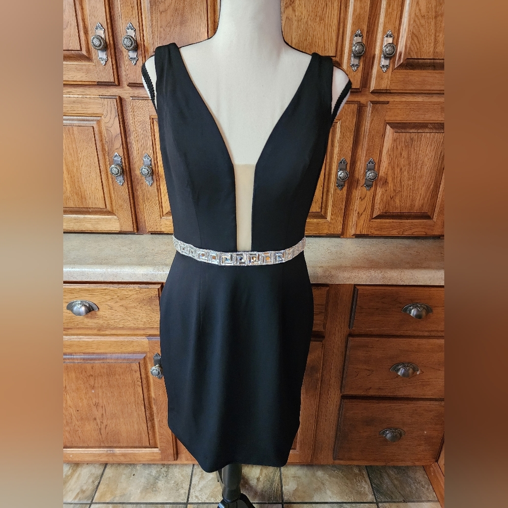 Madison James Black Mini Dress with Embellished Waist